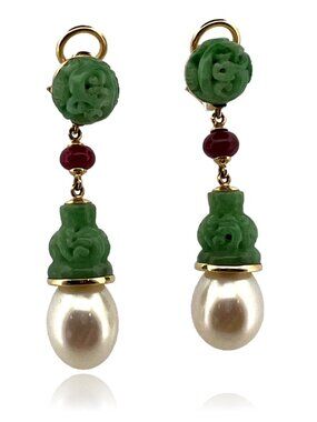 Seaman Schepps Canton Drop Jade, Ruby, Pearl Clip Earrings 18K Gold 17.37g